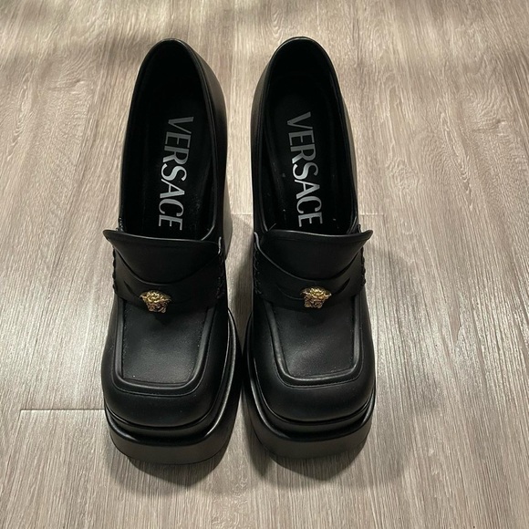 Versace Aevitas leather platform loafer pumps.